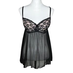 Y2K Black Sheer Babydoll Chemise Push Up Slip Dress. Small. Coquette, Whimsigoth